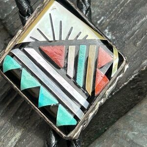 Native American style Sterling Silver & Inlay Braided black Leather Bolo Tie